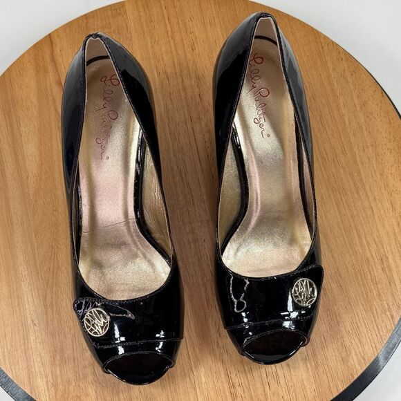 Lilly Pulitzer Patent Leather Peep Toe Wedge Heels Black 36.5 US 6 - Picture 5 of 13